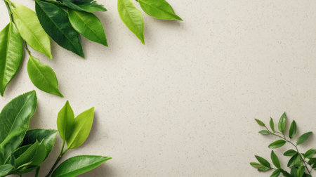 A serene arrangement of fresh green leaves on a light beige background, perfect for conveying themes of nature, wellness, and organic lifestyle in diverse projects.の素材