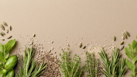 A beautiful arrangement of fresh herbs and seeds on a neutral background, perfect for culinary or nutrition-themed projects, showcasing vibrant colors and textures.の素材