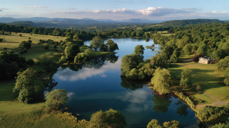 Experience a breathtaking aerial view of a tranquil lake surrounded by vibrant green trees and gentle hills under a bright blue sky. Perfect for relaxation.の素材