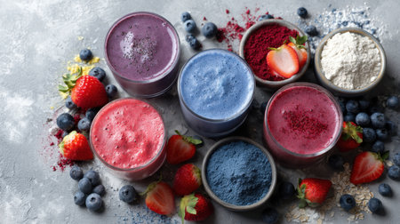 A visually appealing arrangement of colorful smoothie bowls featuring fresh berries and vibrant powders, ideal for promoting a healthy lifestyle and nutritious options.の素材