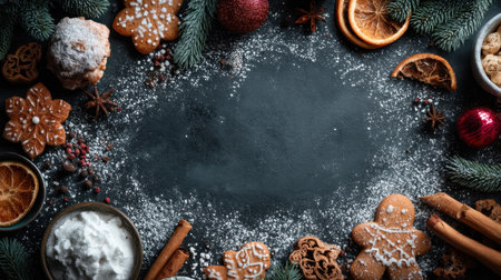 A beautifully arranged holiday scene featuring gingerbread cookies, spices, and orange slices, perfect for inspiring festive baking and cozy winter celebrations.の素材