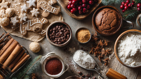 A stunning display of holiday baking essentials featuring spices, flour, and chocolate arranged beautifully on a rustic table perfect for festive cooking.の素材