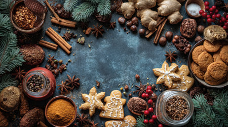 A vibrant display of ingredients for festive baking, featuring spices, cookies, and natural decorations. Perfect for invoking holiday spirit in culinary creations.の素材