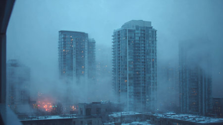 A captivating urban cityscape showcasing high-rise buildings shrouded in fog and mist at dusk, creating a tranquil and atmospheric scene ideal for photography enthusiasts.の素材