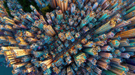 Explore a stunning aerial view showcasing the intricate patterns of colorful high-rise buildings in a bustling urban area, reflecting vibrant city life and architecture.の素材
