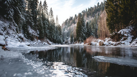 A picturesque winter river scene showcasing snow-covered trees and ice formations. The calm water reflects the serene beauty of nature, inviting tranquility and adventure.の素材