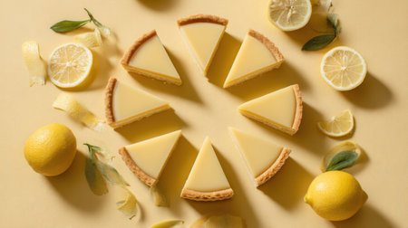A stunning display of freshly baked lemon tart slices arranged in a circular pattern with whole lemons and lemon slices on a soft yellow background. Perfect for culinary visuals.の素材