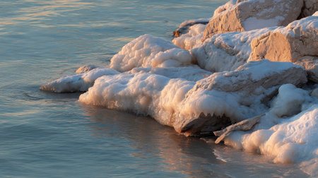 A peaceful winter shoreline featuring frosty rocks and gentle waves. The soft light of sunset creates a beautiful, serene atmosphere perfect for nature lovers.の素材