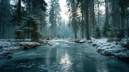 A breathtaking view of a winter forest with a frozen river, surrounded by tall pine trees covered in snow, capturing tranquility and the beauty of nature in cold weather.の素材