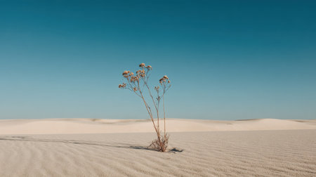 A solitary plant rises from the smooth expanses of sand in a serene desert landscape, showcasing the beauty of natureの素材