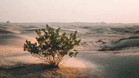 A solitary green shrub stands resiliently amidst golden sand dunes, bathed in soft light at dusk. This image captures the beauty and tranquility of the desert landscape.の素材