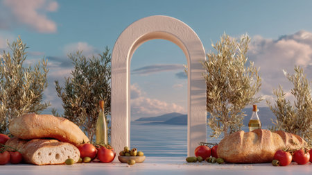 A stunning still life featuring fresh bread, ripe tomatoes, and olives arranged near a serene archway overlooking calm waters. Ideal for culinary and lifestyle themes.の素材