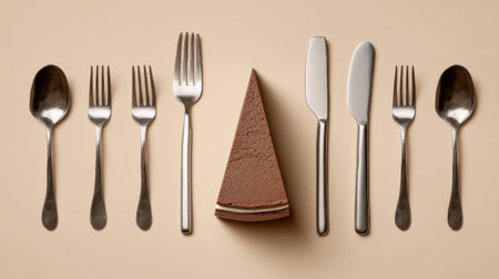 A beautifully arranged slice of chocolate cake is elegantly displayed alongside shiny cutlery on a neutral backdrop, perfect for showcasing sophisticated dining experiences.の素材