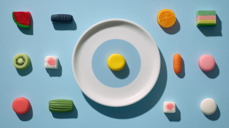 A vibrant and playful arrangement of assorted candies and gummies on a blue background, showcasing various shapes and colors around a white plate, perfect for food photography.の素材