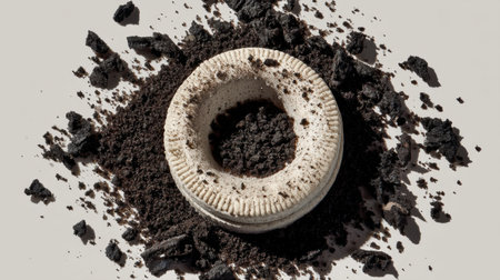 A striking minimalist composition featuring a decorative circular object set among freshly ground coffee. The contrast of textures enhances artistic appeal.の素材