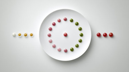 This image features a carefully arranged plate with colorful food items in a circular design, emphasizing balance, freshness, and artistic presentation for culinary inspiration.の素材