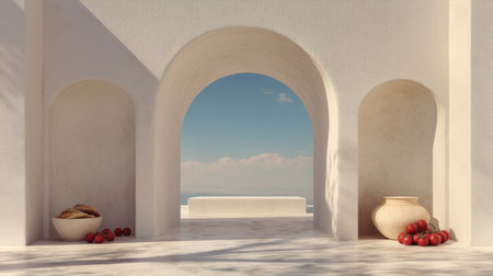 A breathtaking architectural scene featuring elegant arches that frame a stunning view of the ocean. Decorative pottery and a sense of tranquility invite relaxation.の素材