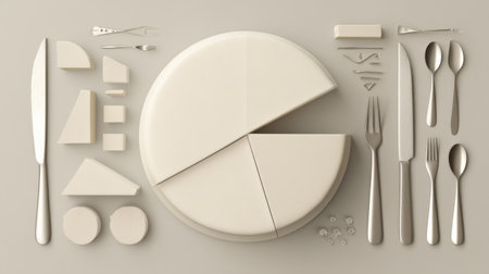 This image features a minimalistic arrangement of geometric food shapes and cutlery on a neutral background, ideal for culinary and design concepts.の素材