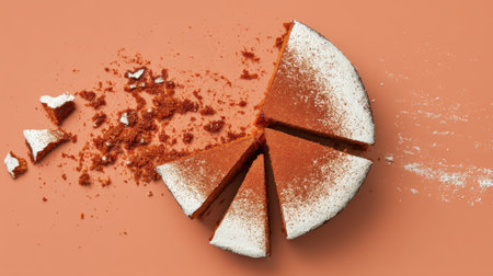 A beautifully sliced red velvet cake with cream cheese frosting, dusted with cocoa powder, set against a soft orange background, perfect for dessert lovers.の素材
