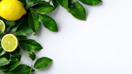 A vibrant arrangement of fresh lemons and green leaves on a light background, ideal for illustrating healthy living, culinary art, and eco-friendly themes.の素材