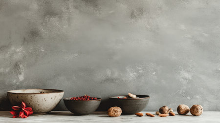 A beautiful arrangement of bowls filled with nuts and dried herbs set on a smooth surface, creating a rustic and organic vibe, perfect for culinary inspiration.の素材