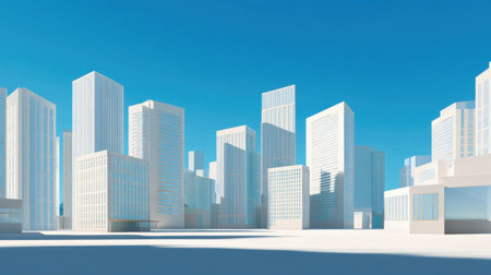 A captivating view of a modern urban skyline featuring glass buildings under a clear blue sky. This minimalist design embodies architectural innovation and urban exploration.の素材