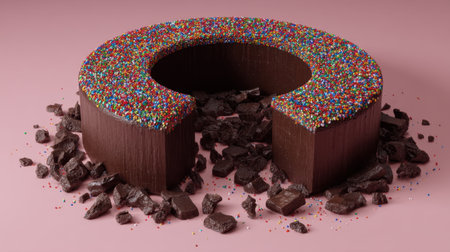 This delightful chocolate dessert sculpture features a colorful sprinkle topping over smooth chocolate with a soft pink backdrop, perfect for culinary art.の素材