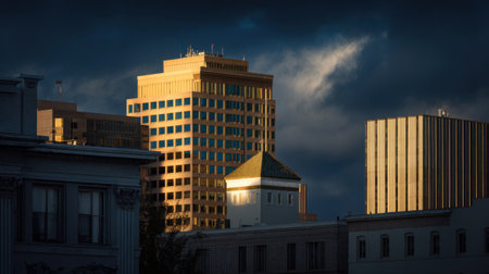 Stunning cityscape featuring gleaming buildings illuminated by golden sunset light against a backdrop of dark, moody clouds, creating a striking urban atmosphere.の素材