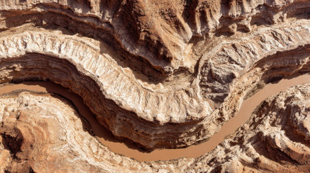 Explore the intricate patterns of erosion in this stunning aerial view, showcasing a winding river flowing through a striking desert landscape filled with rich earth tones.の素材