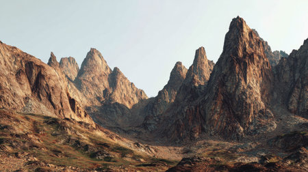 Explore a stunning mountain landscape featuring towering peaks and rugged terrain under a clear sky, ideal for nature lovers and adventure enthusiasts seeking inspiration.の素材