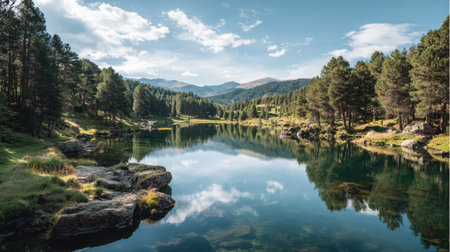 A picturesque mountain lake reflects the serene blue sky and lush green forest, creating a peaceful atmosphere perfect for nature lovers and outdoor enthusiasts.の素材