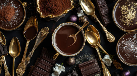 Discover a stunning display of chocolate desserts featuring rich cocoa, garnished with delicate touches. Perfect for gourmet occasions and elegant dining experiences.の素材