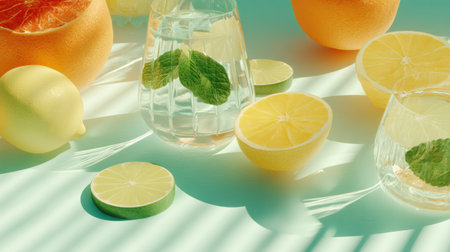 A delightful still life composition featuring vibrant citrus fruits like lemons and oranges alongside fresh mint leaves, set against a softly lit background.の素材
