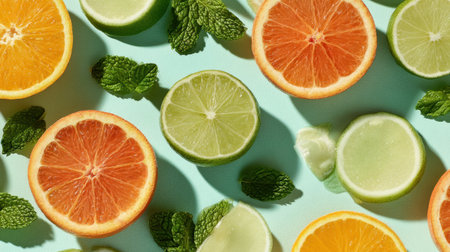 A vibrant arrangement of fresh citrus fruits including oranges, limes, and mint leaves on a light blue background, ideal for promoting healthy cooking and refreshing beverages.の素材