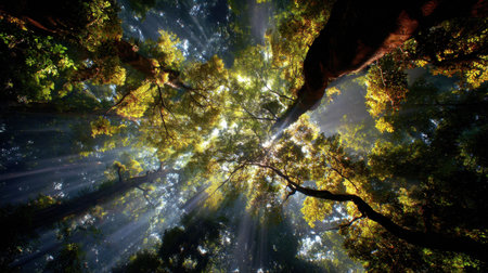 Experience the awe of nature with sunlight filtering through a vibrant green forest, creating a serene atmosphere filled with lush trees and gentle mist.の素材