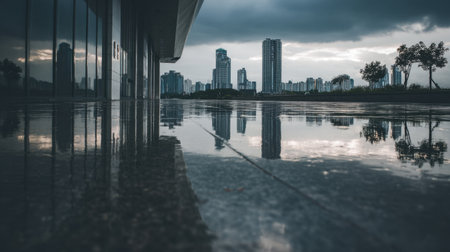 Capture the beauty of an urban scene after rainfall. This image showcases skyscrapers reflecting on a wet pavement under a dramatic cloudy sky, creating a tranquil atmosphere.の素材