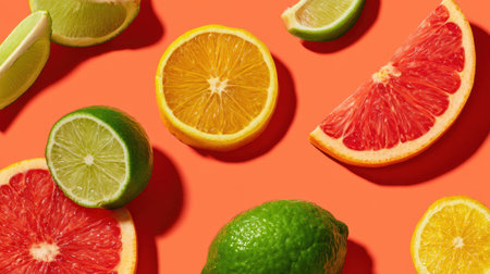 A dynamic arrangement of vibrant citrus fruits including grapefruit, lemon, lime, and orange on a bright background. Perfect for culinary inspiration or design projects.の素材