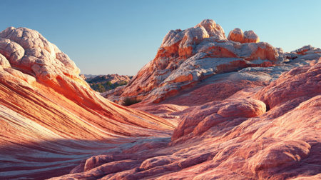 Experience a breathtaking landscape featuring stunning pink and orange rock formations in a serene desert under a golden sunrise, showcasing nature's vibrant artwork.の素材