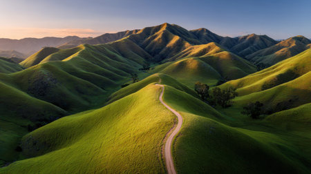 Discover the breathtaking beauty of serene rolling hills at sunrise, featuring a winding path through vibrant green grass and majestic mountains in the distance.の素材