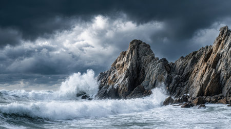 A captivating seascape showcasing dramatic rocks and crashing waves under a stormy sky. The atmosphere captures the raw beauty and power of nature's elements.の素材