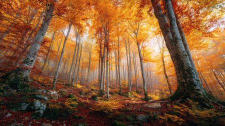 Experience the beauty of an autumn forest where tall trees boast vibrant orange and yellow leaves, illuminated by soft sunlight creating a serene atmosphere.の素材