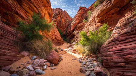 Explore a breathtaking canyon filled with vibrant red rock formations and lush desert vegetation, illuminated by sunlight under a striking blue sky.の素材