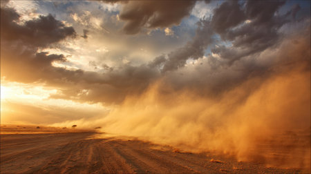 A captivating desert scene featuring a swirling dust storm contrasted by dark clouds and golden light at dusk, creating a stunning natural atmosphere.の素材
