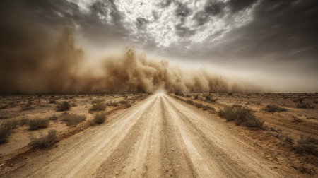 A dramatic image capturing the arrival of a dust storm on a deserted road in the desert. The swirling dust contrasts with ominous clouds, evoking nature's power.の素材