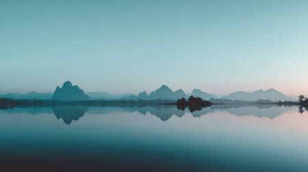 This captivating image captures a tranquil landscape at dusk, featuring stunning mountain silhouettes reflected on calm water, evoking a sense of peaceful isolation.の素材