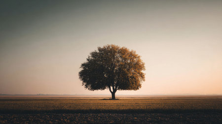 A stunning image of a solitary tree in an open field at dusk, showcasing the harmony of nature and offering a peaceful ambiance with soft light and serene surroundings.の素材