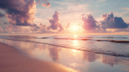 Beautiful sunset view over tranquil ocean waves and soft sandy beach. Vibrant clouds reflect stunning colors in the sky, creating a serene atmosphere for relaxation.の素材
