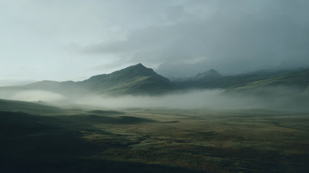 A tranquil landscape featuring gentle hills and misty mountains under an overcast sky. The serene atmosphere captures the essence of nature's beauty. Perfect for travel.の素材
