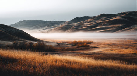 A breathtaking landscape showcases rolling hills enveloped in soft morning mist. The golden grasses create a peaceful setting, perfect for nature enthusiasts and photographers.の素材