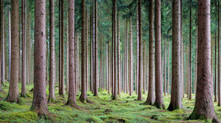 Discover a tranquil forest scene with tall pine trees surrounded by vibrant green moss. This serene landscape captures the beauty of nature and invites calmness.の素材
